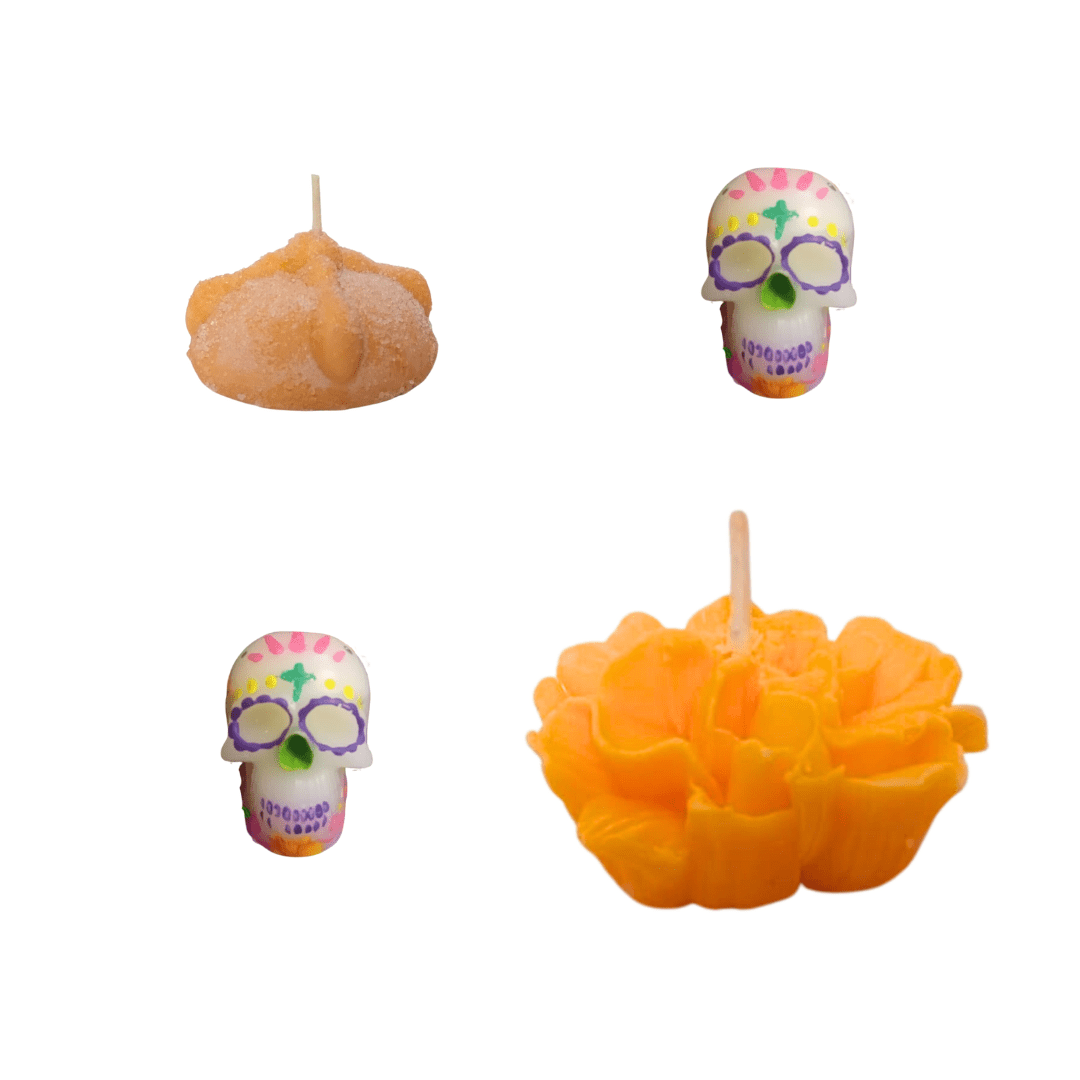 Kit velas: 1 flor de cempasuchil, 1 pan de muerto y 2 calaveritas de azúcar - STATUS VERDE